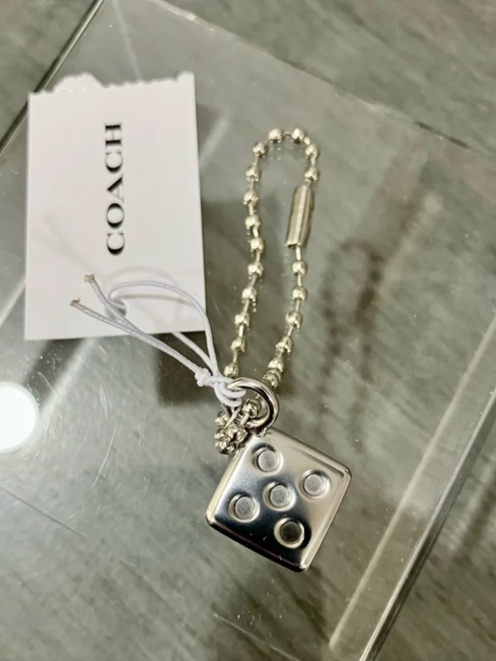 Coach Silver-Tone Dice Shoelace Charm with Beaded Chain-NWT & Coach Dustbag